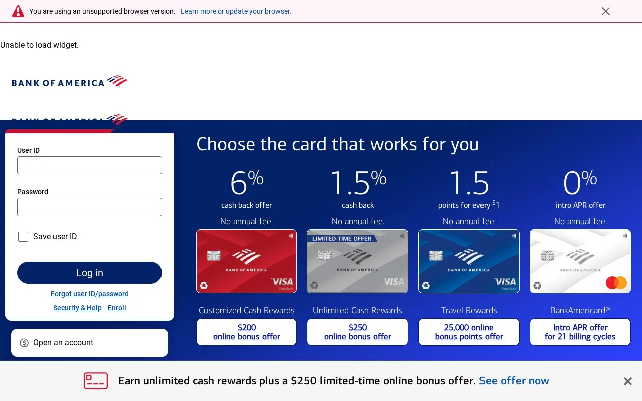 Screenshot of the Bank of America homepage