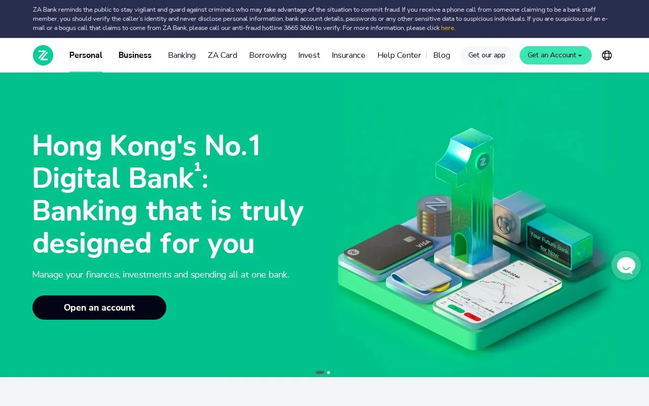 Screenshot of the ZA Bank homepage