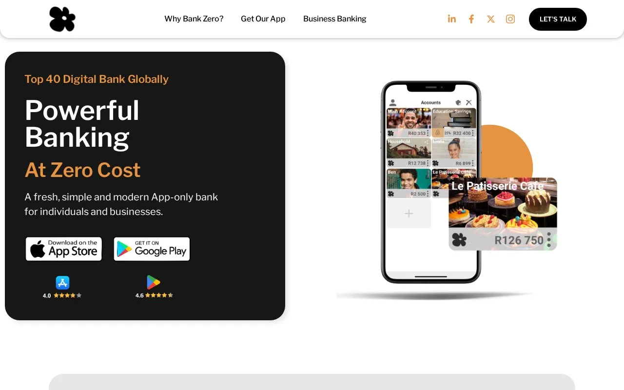 Screenshot of the Bank Zero homepage