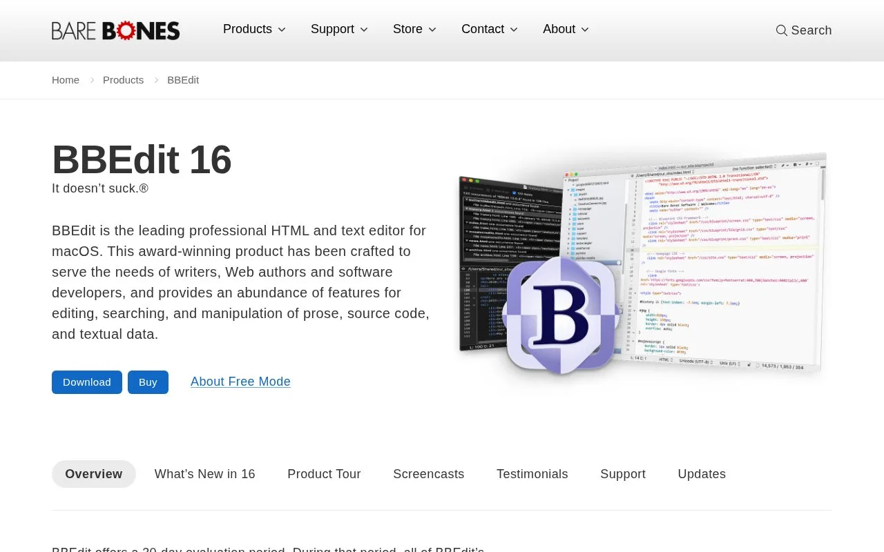Screenshot of the BBEdit homepage