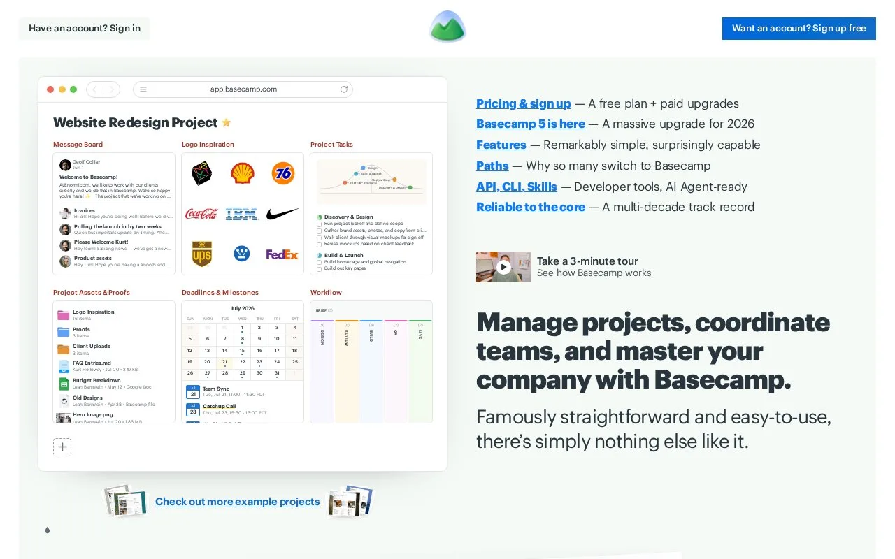 Screenshot of the Basecamp homepage