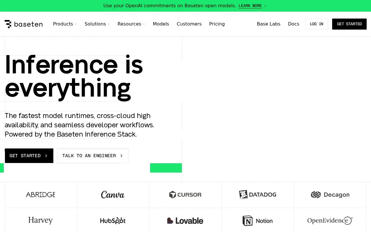 Screenshot of the Baseten homepage