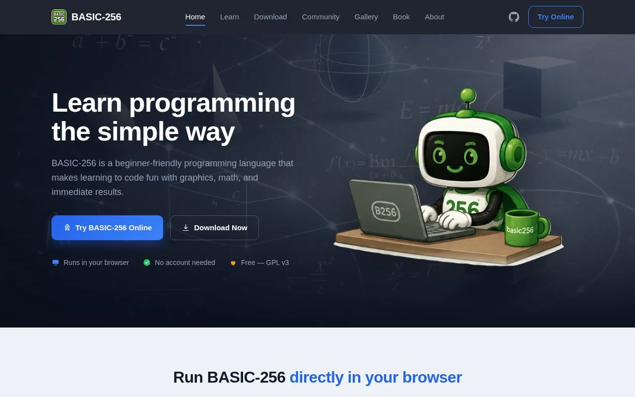 Screenshot of the BASIC-256 homepage