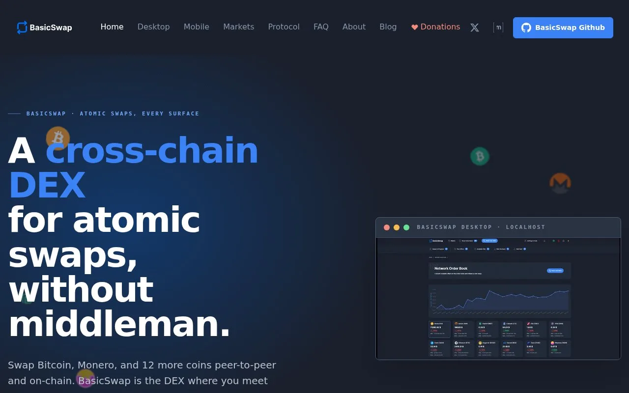 Screenshot of the BasicSwap homepage