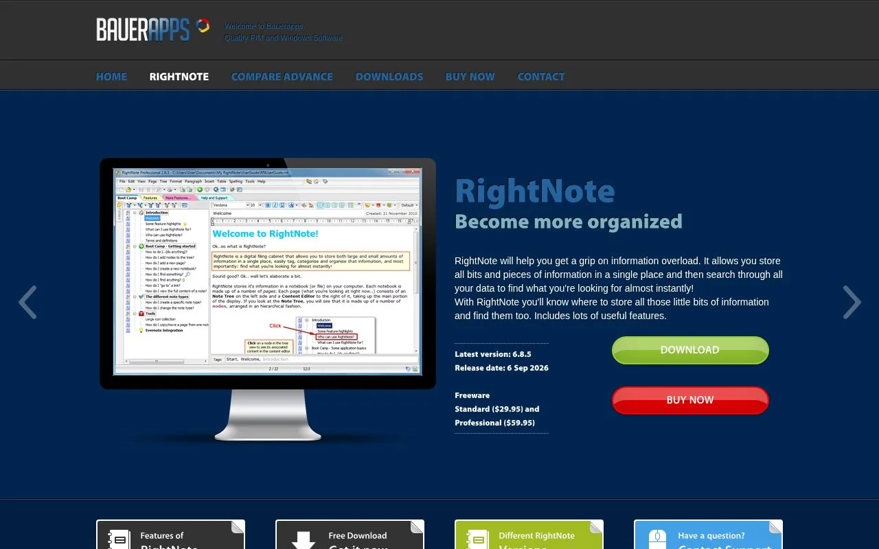 Screenshot of the RightNote homepage
