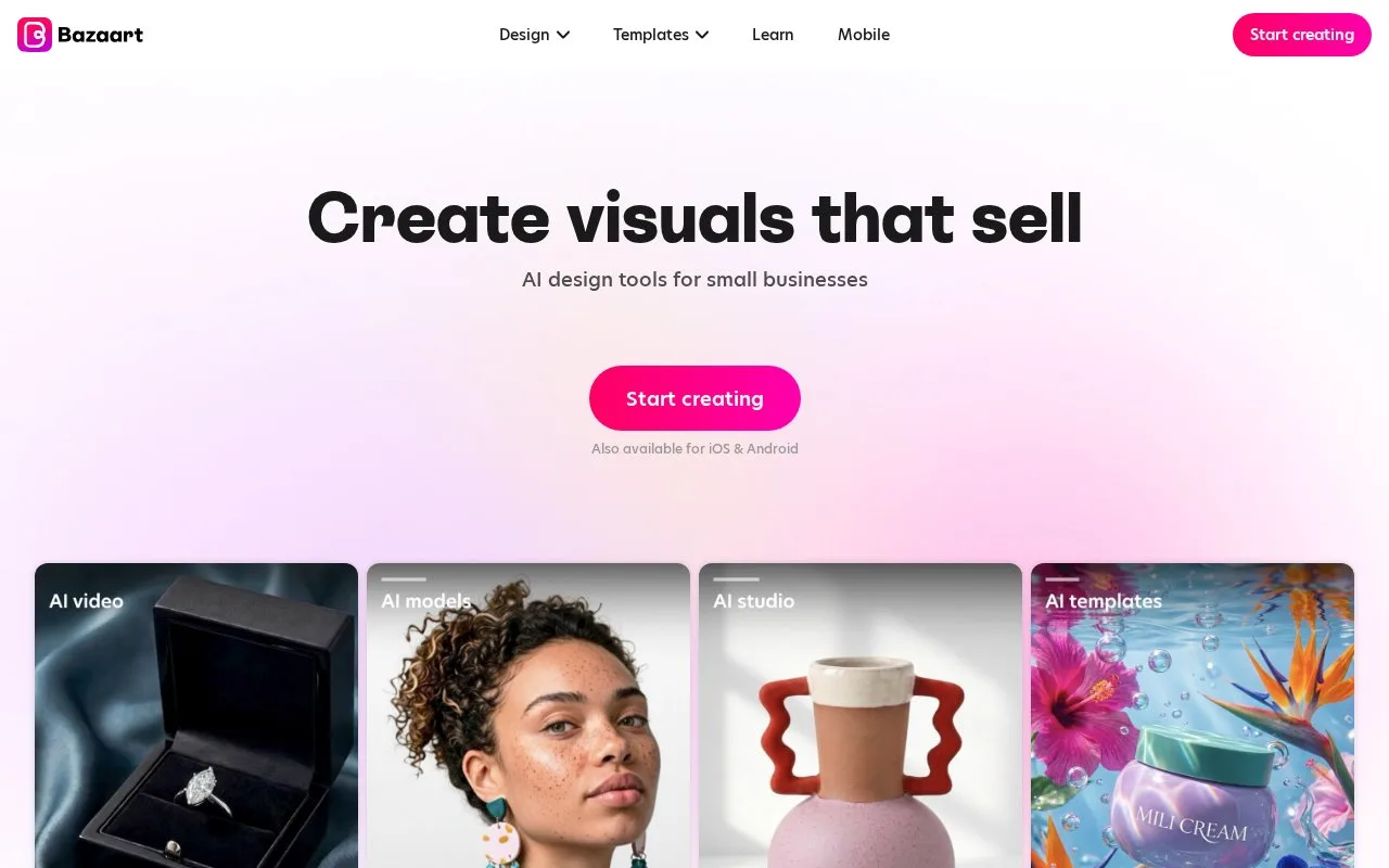 Screenshot of the Bazaart homepage