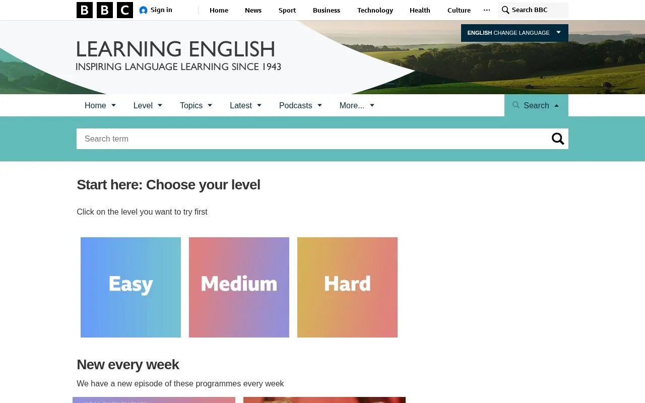 Screenshot of the BBC Learning English homepage