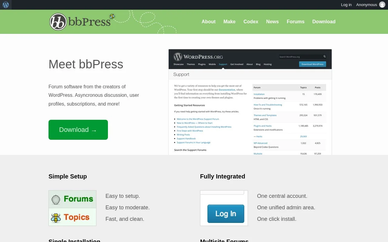 Screenshot of the bbPress homepage