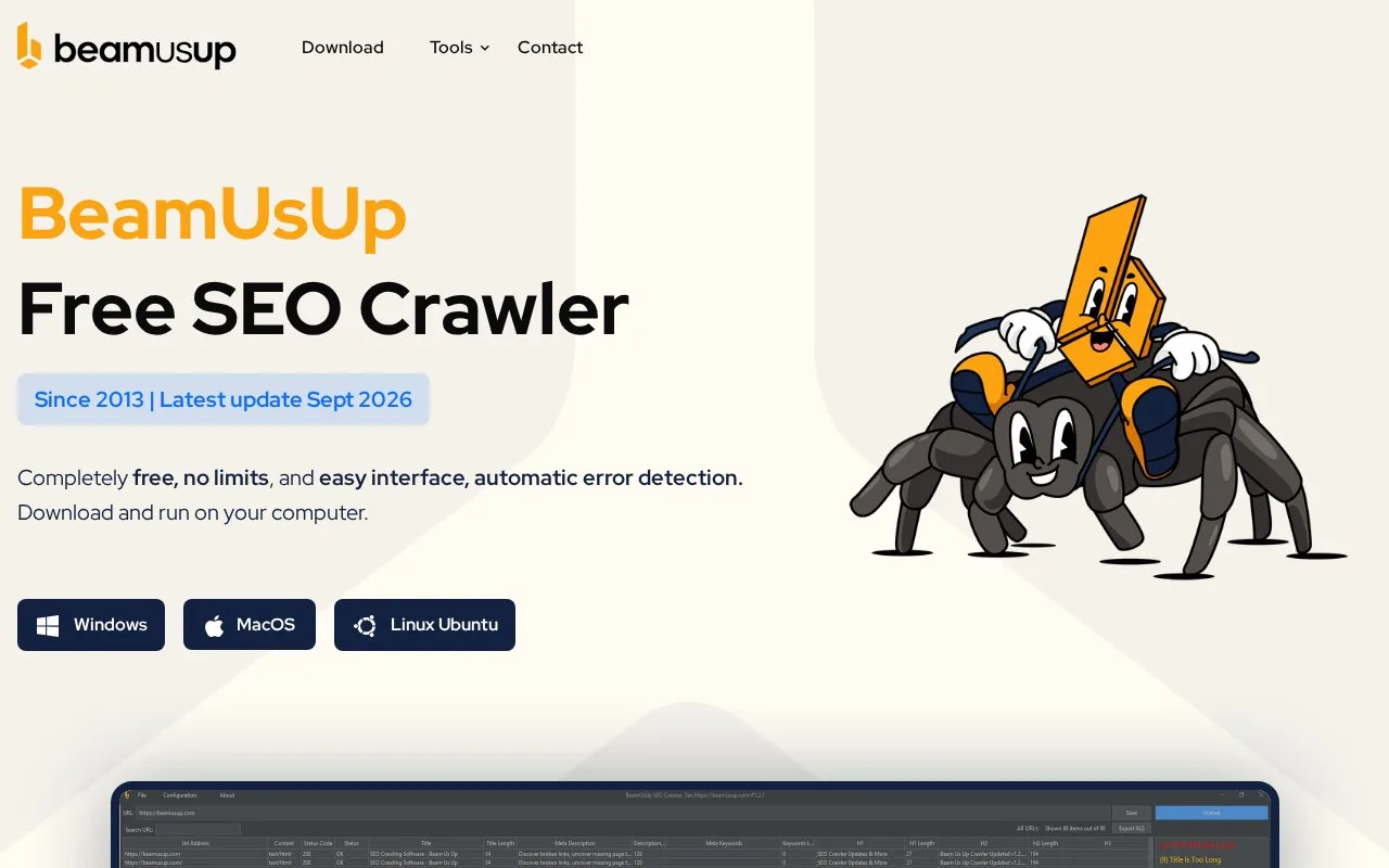 Screenshot of the BeamUsUp homepage