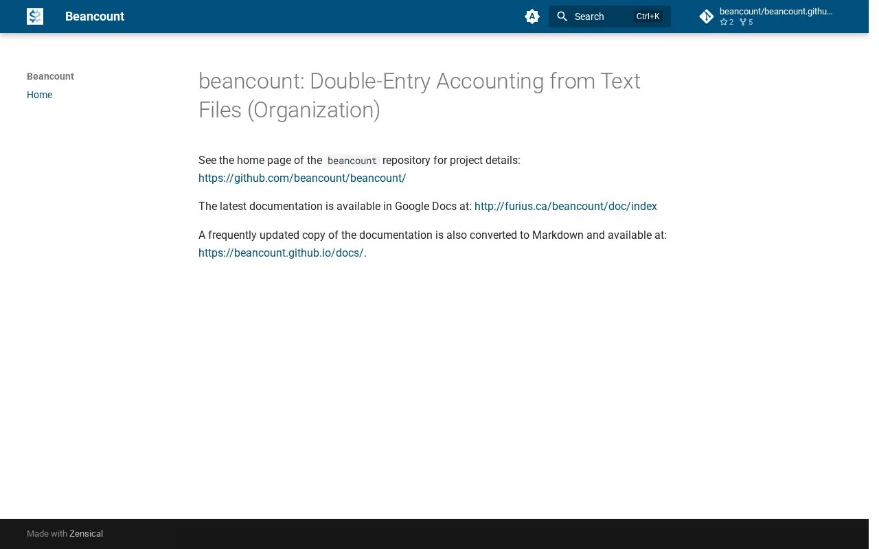 Screenshot of the Beancount homepage
