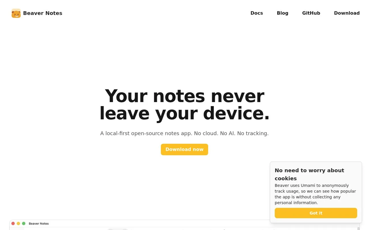 Screenshot of the Beaver Notes homepage