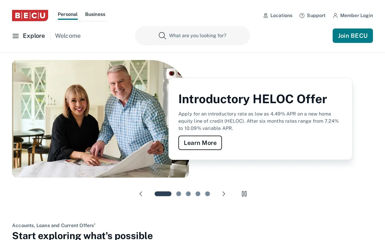 Screenshot of the BECU homepage