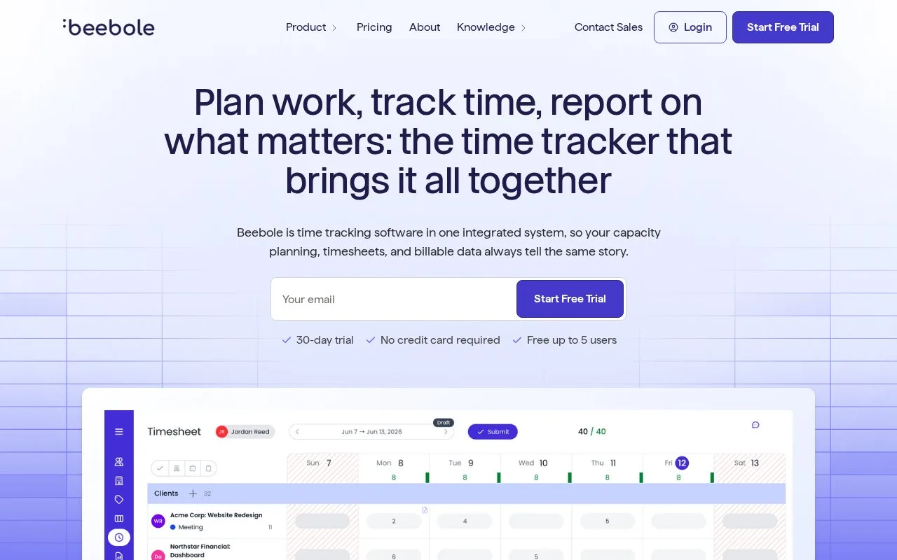 Screenshot of the Beebole homepage