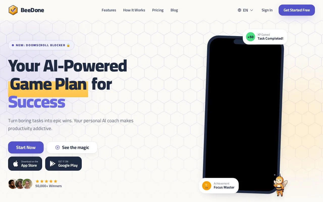 Screenshot of the BeeDone homepage