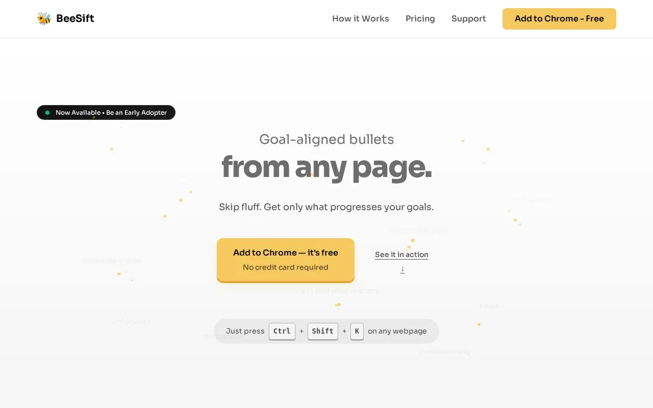 Screenshot of the BeeSift homepage