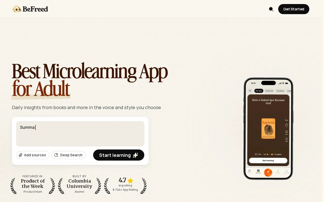 Screenshot of the BeFreed homepage