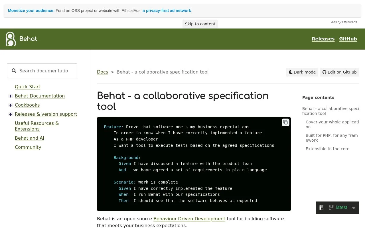 Screenshot of the Behat homepage