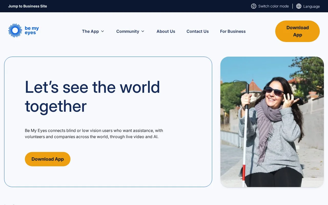 Screenshot of the Be My Eyes homepage