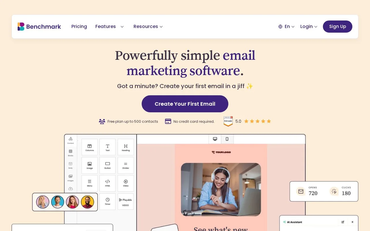 Screenshot of the Benchmark Email homepage