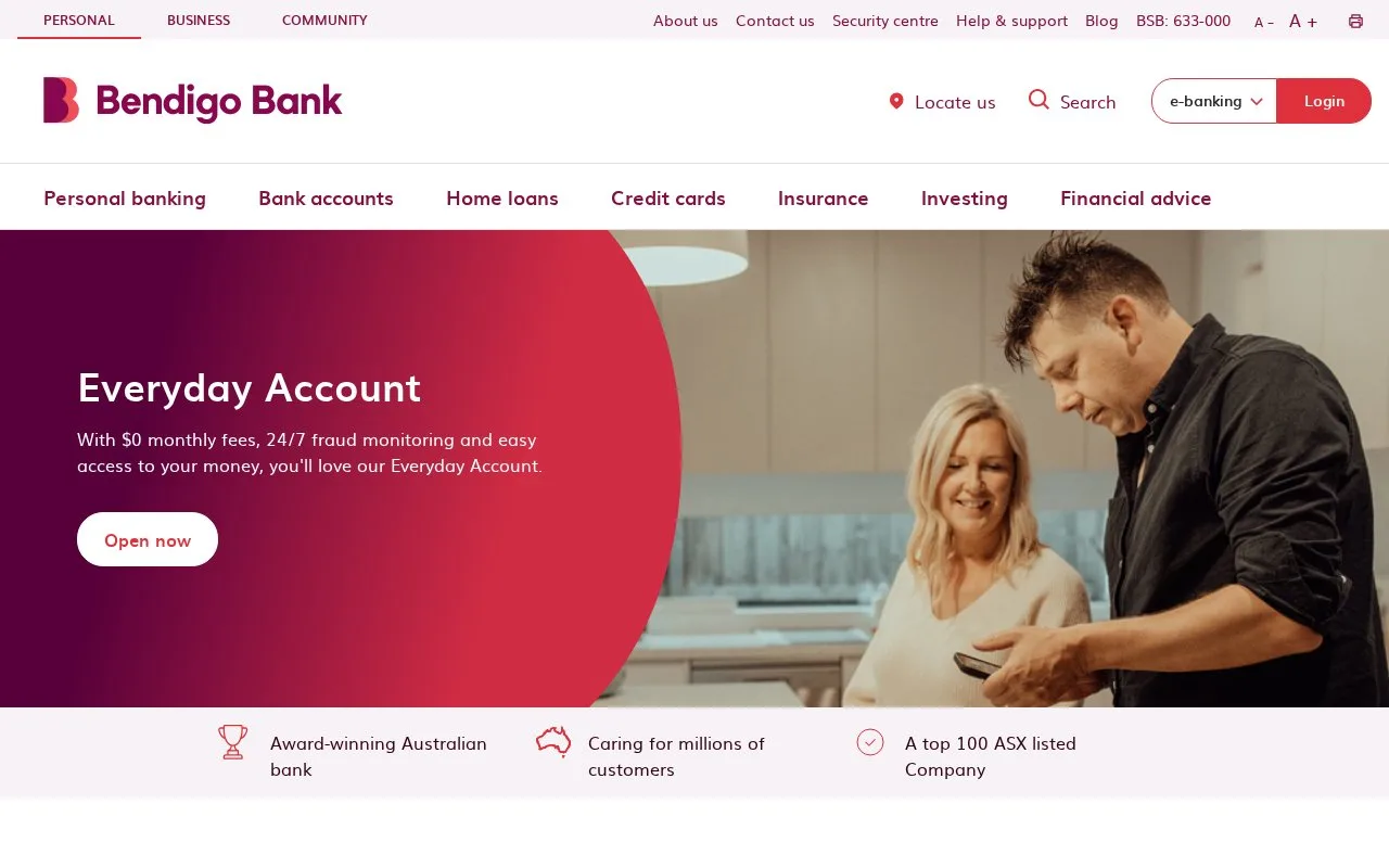Screenshot of the Bendigo Bank homepage