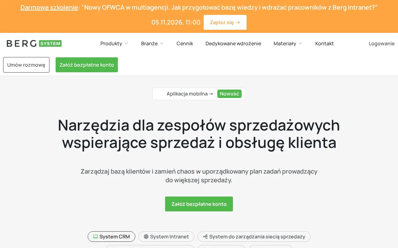 Screenshot of the Berg System homepage