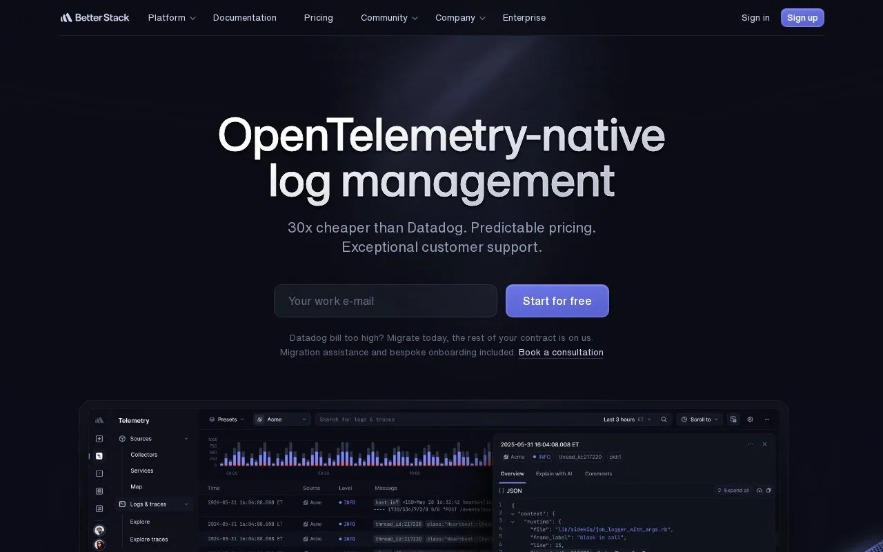 Screenshot of the Better Stack Telemetry homepage