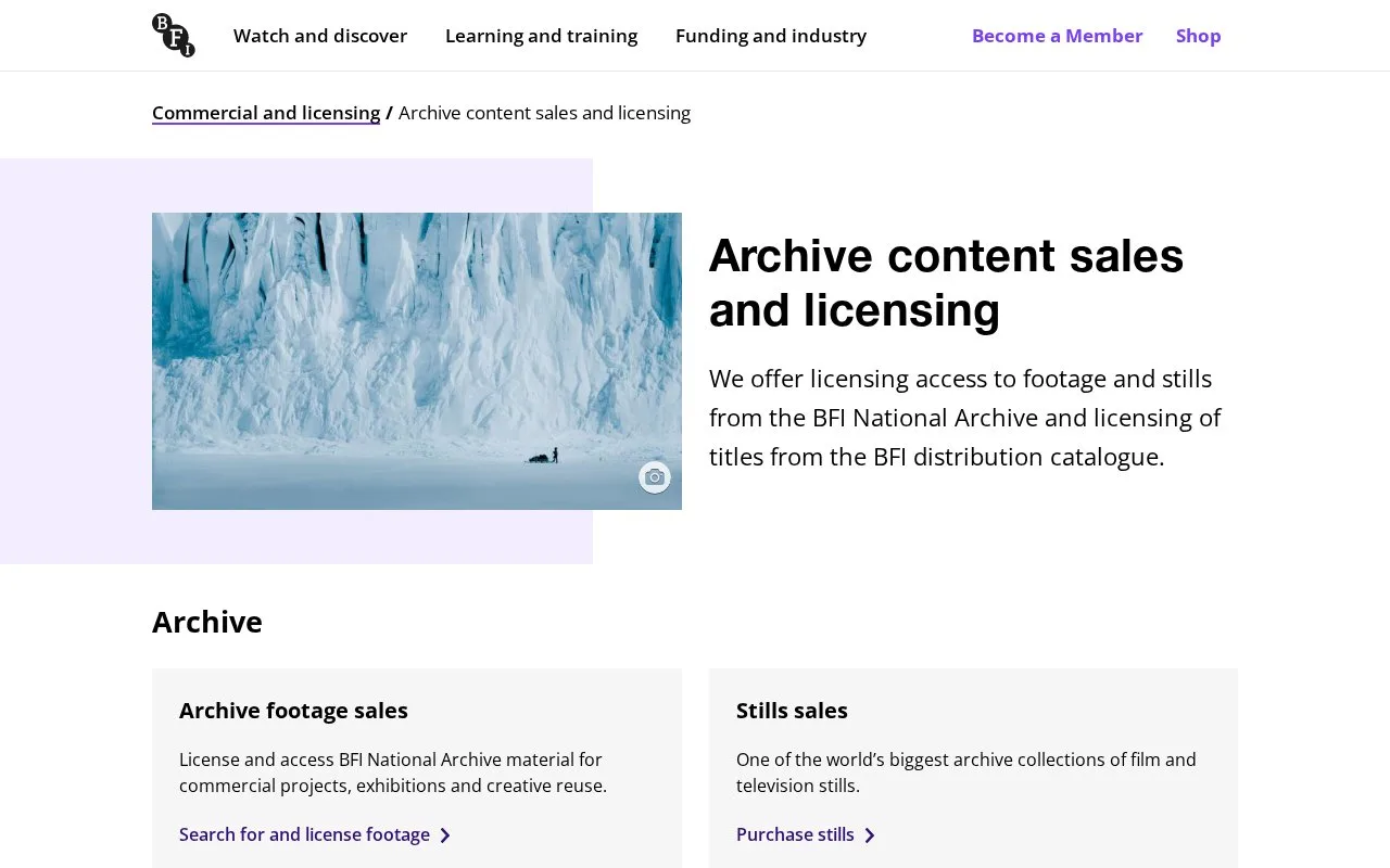 Screenshot of the BFI Archive Sales homepage