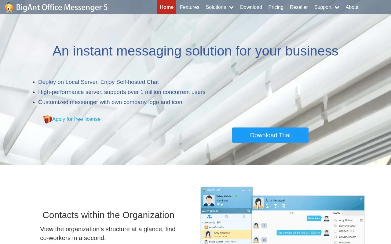 Screenshot of the BigAnt Messenger Pro homepage