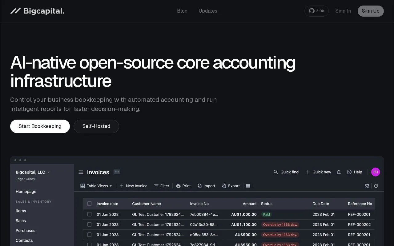 Screenshot of the Bigcapital homepage