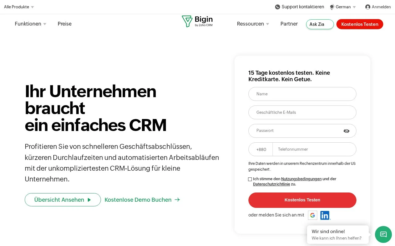 Screenshot of the Bigin homepage