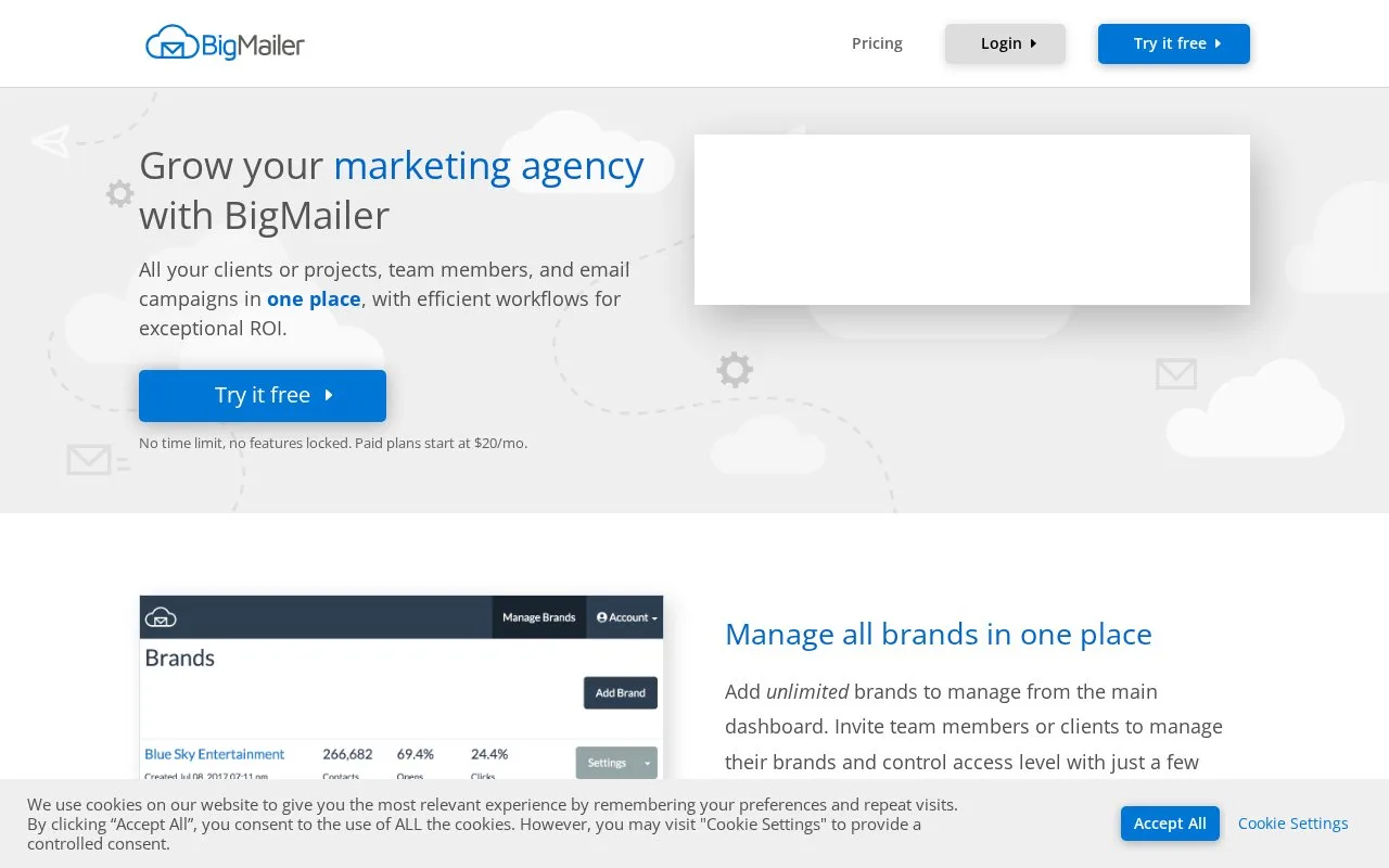 Screenshot of the BigMailer homepage