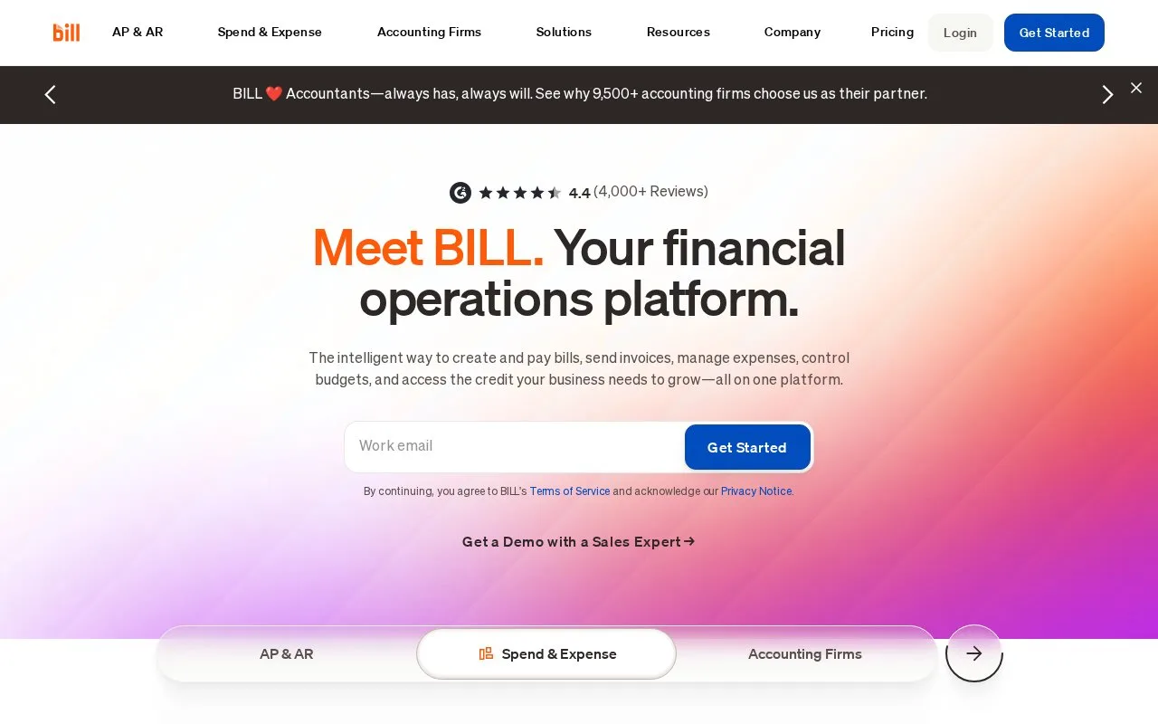 Screenshot of the BILL homepage