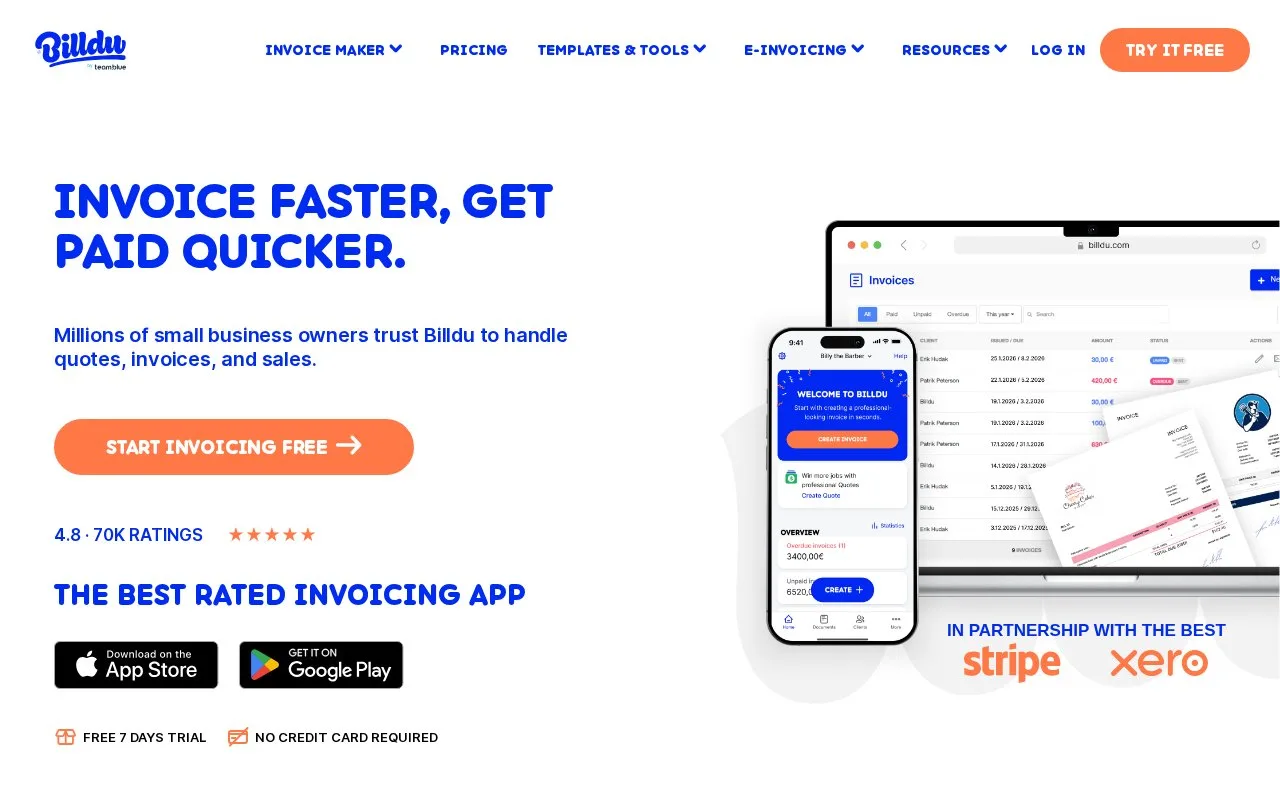 Screenshot of the Billdu homepage