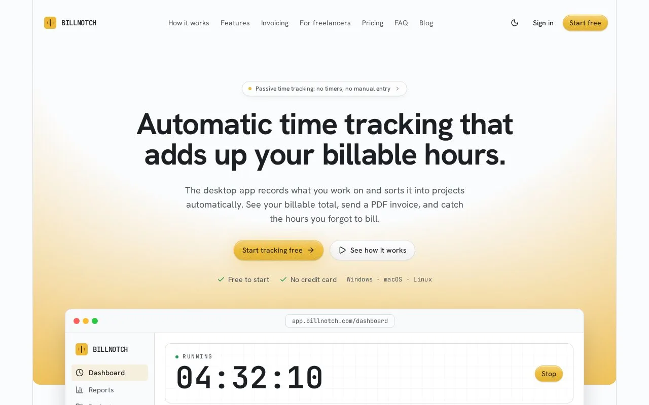 Screenshot of the BillNotch homepage