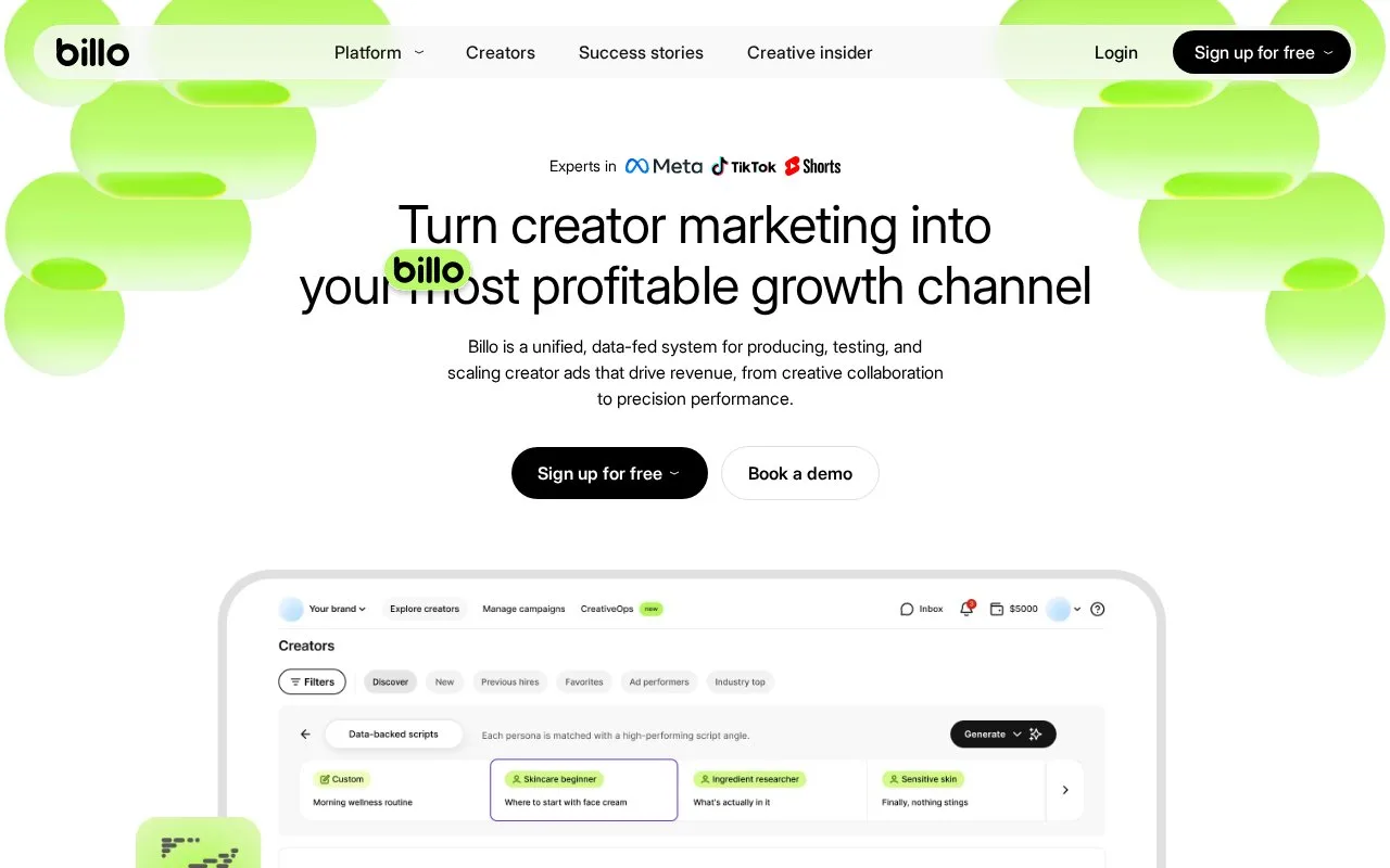 Screenshot of the Billo homepage