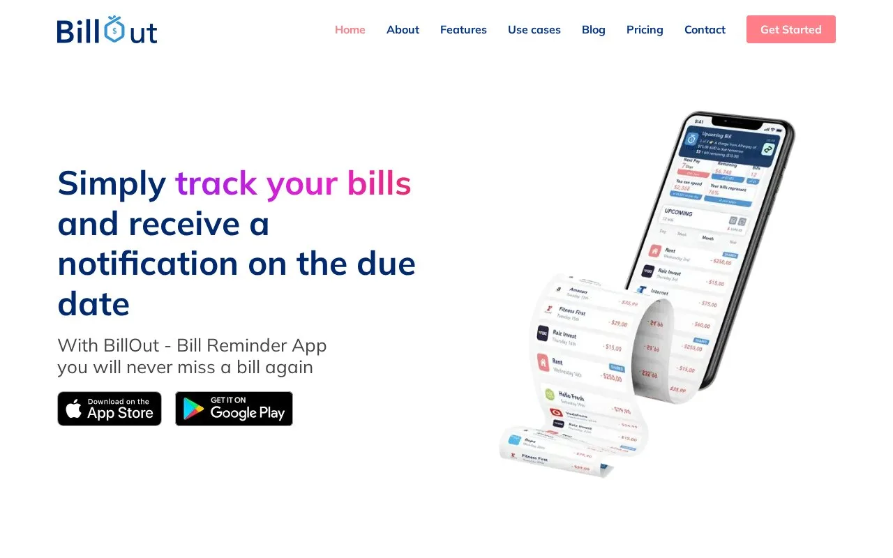 Screenshot of the BillOut homepage