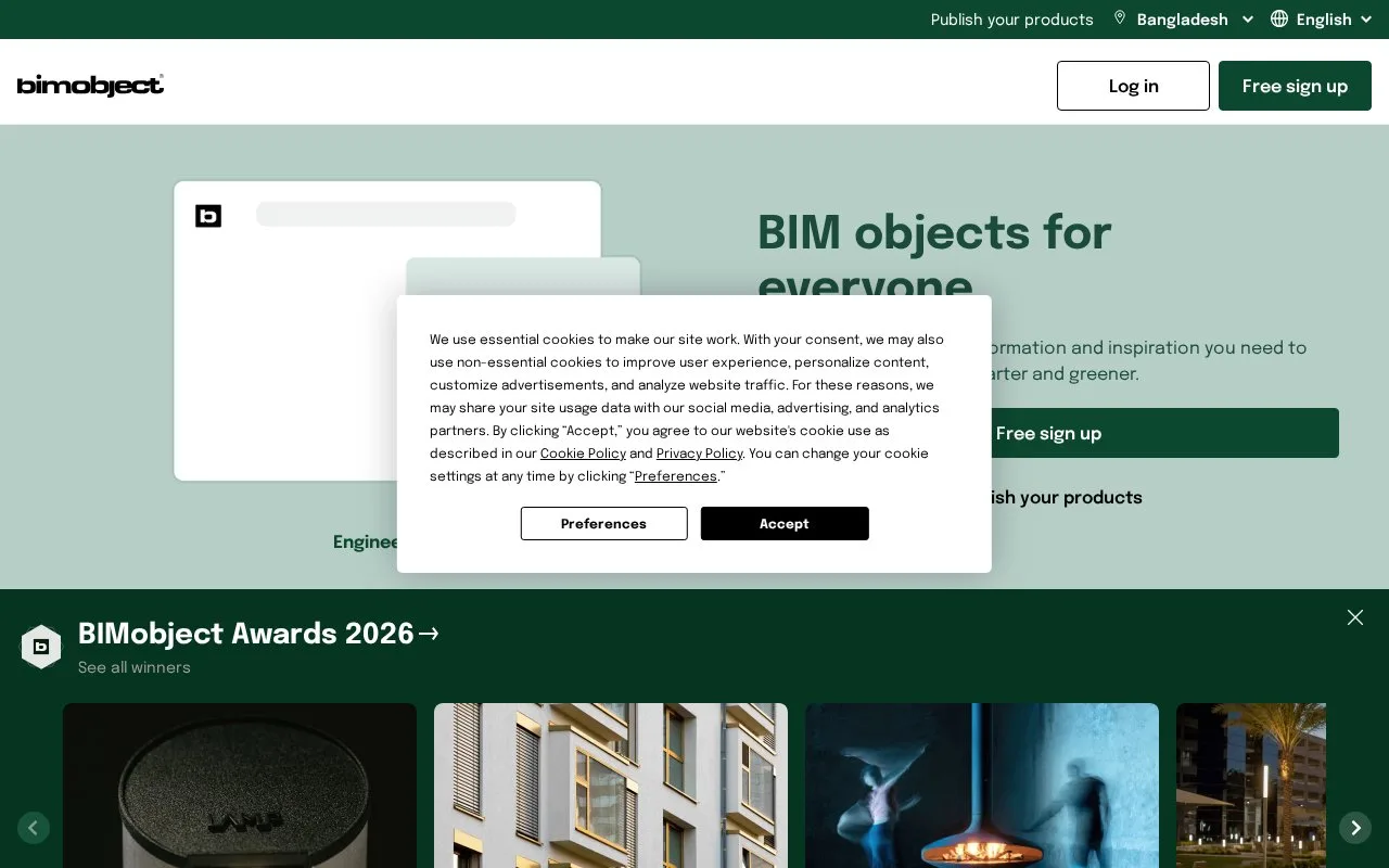 Screenshot of the BIMobject homepage