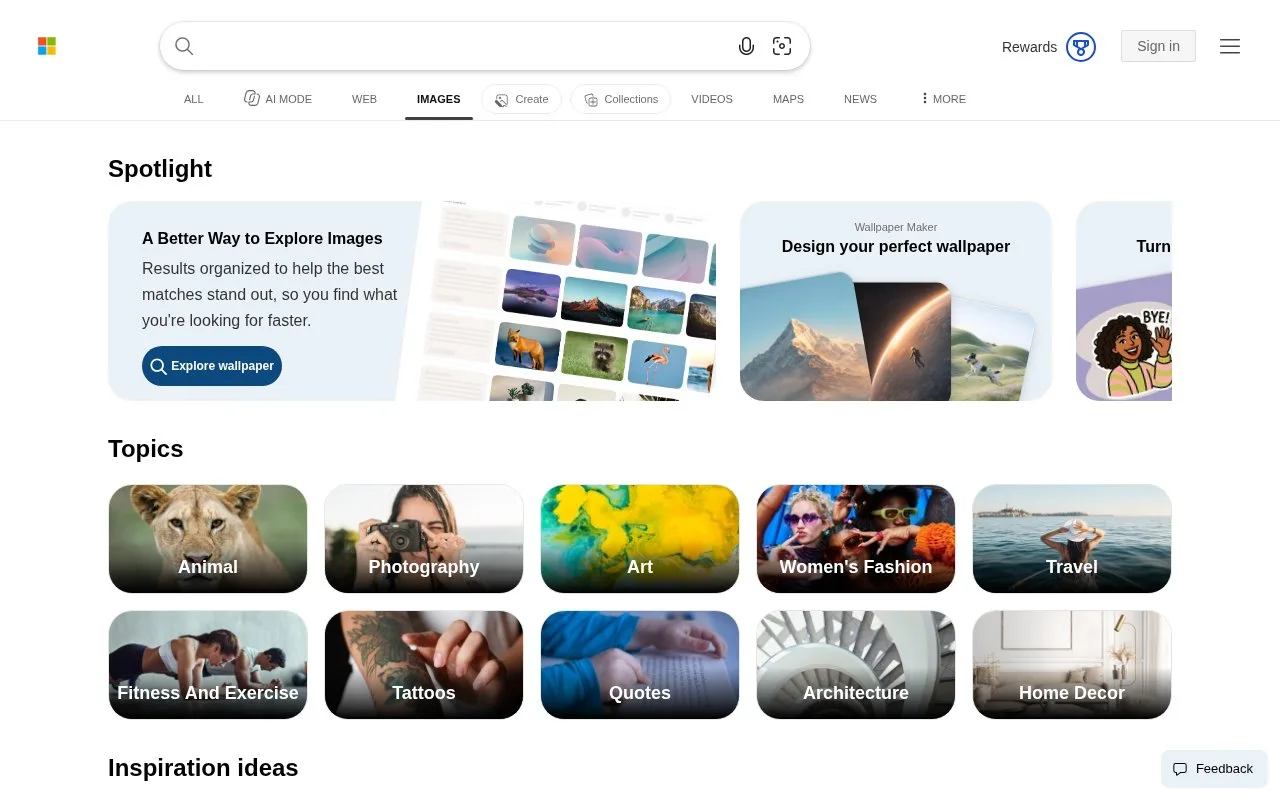 Screenshot of the Bing Images homepage