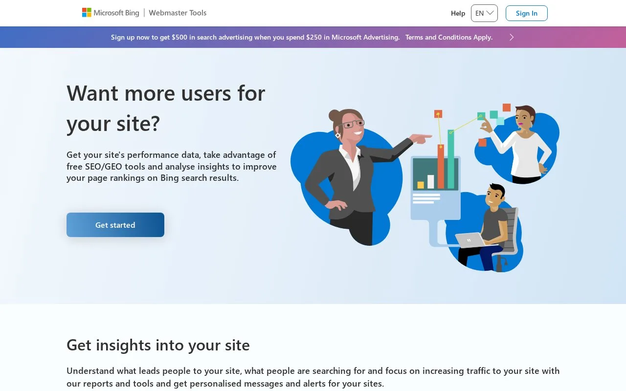 Screenshot of the Bing Webmaster Tools homepage