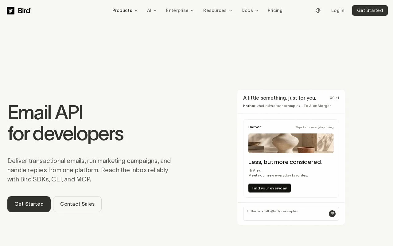 Screenshot of the Bird Email homepage