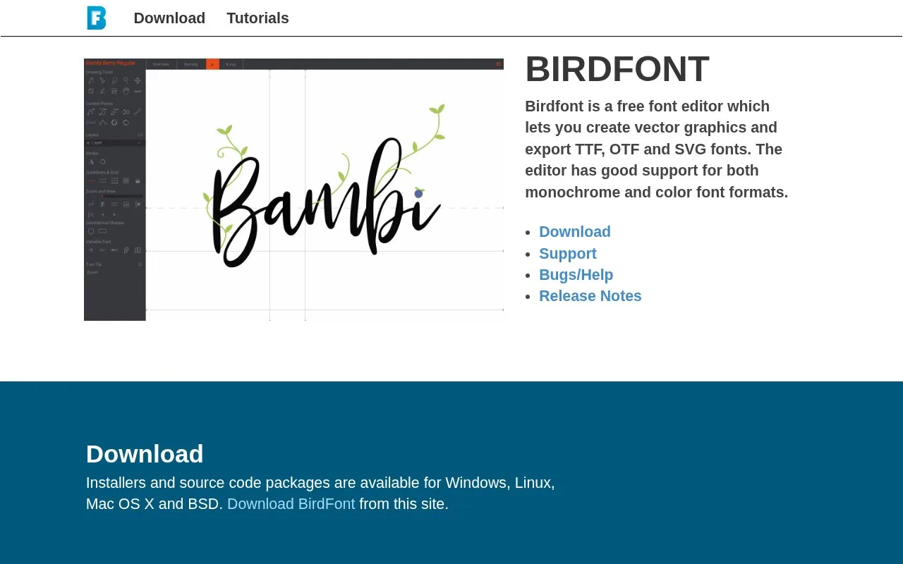 Screenshot of the Birdfont homepage