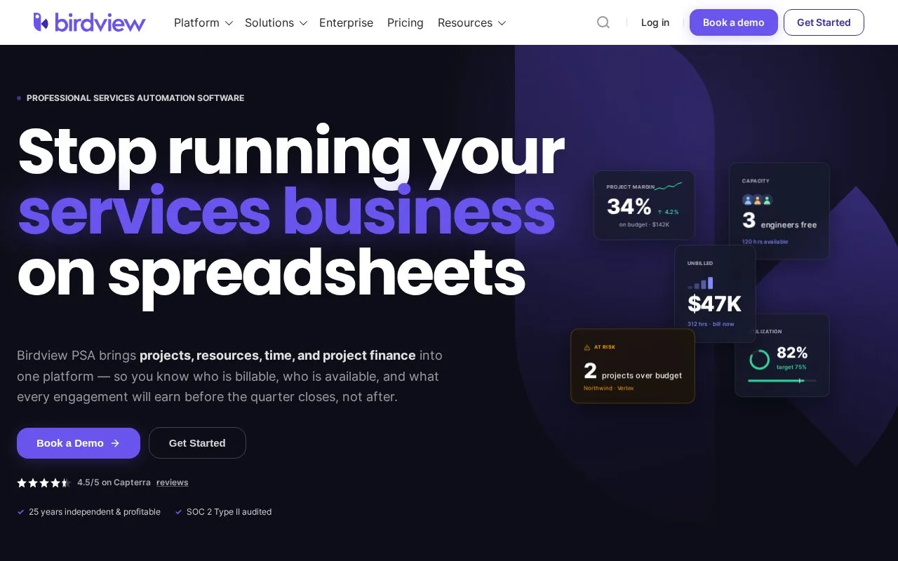 Screenshot of the Birdview PSA homepage