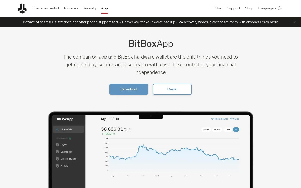 Screenshot of the BitBoxApp homepage