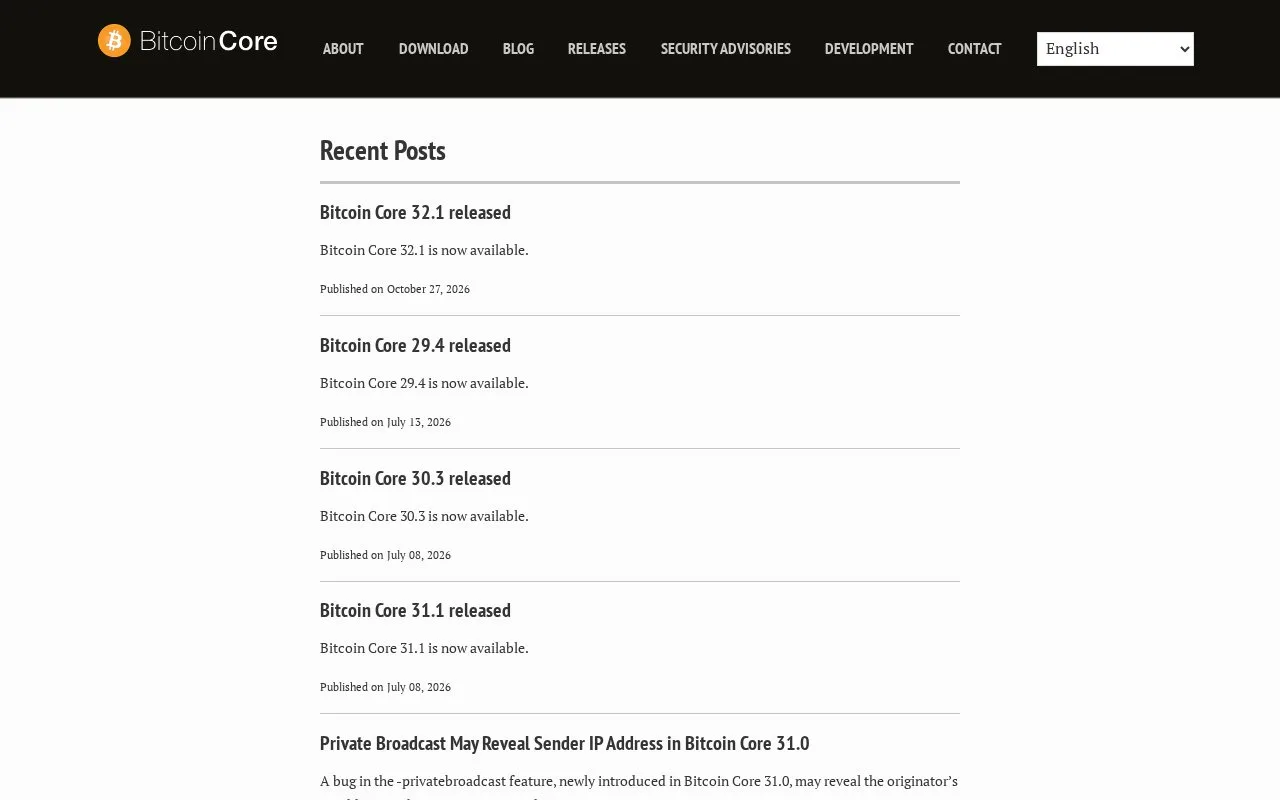 Screenshot of the Bitcoin Core homepage