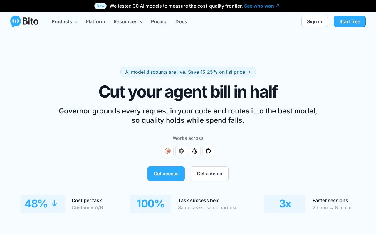 Screenshot of the Bito homepage