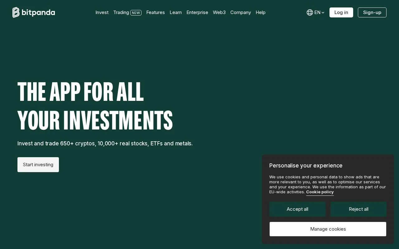Screenshot of the Bitpanda homepage
