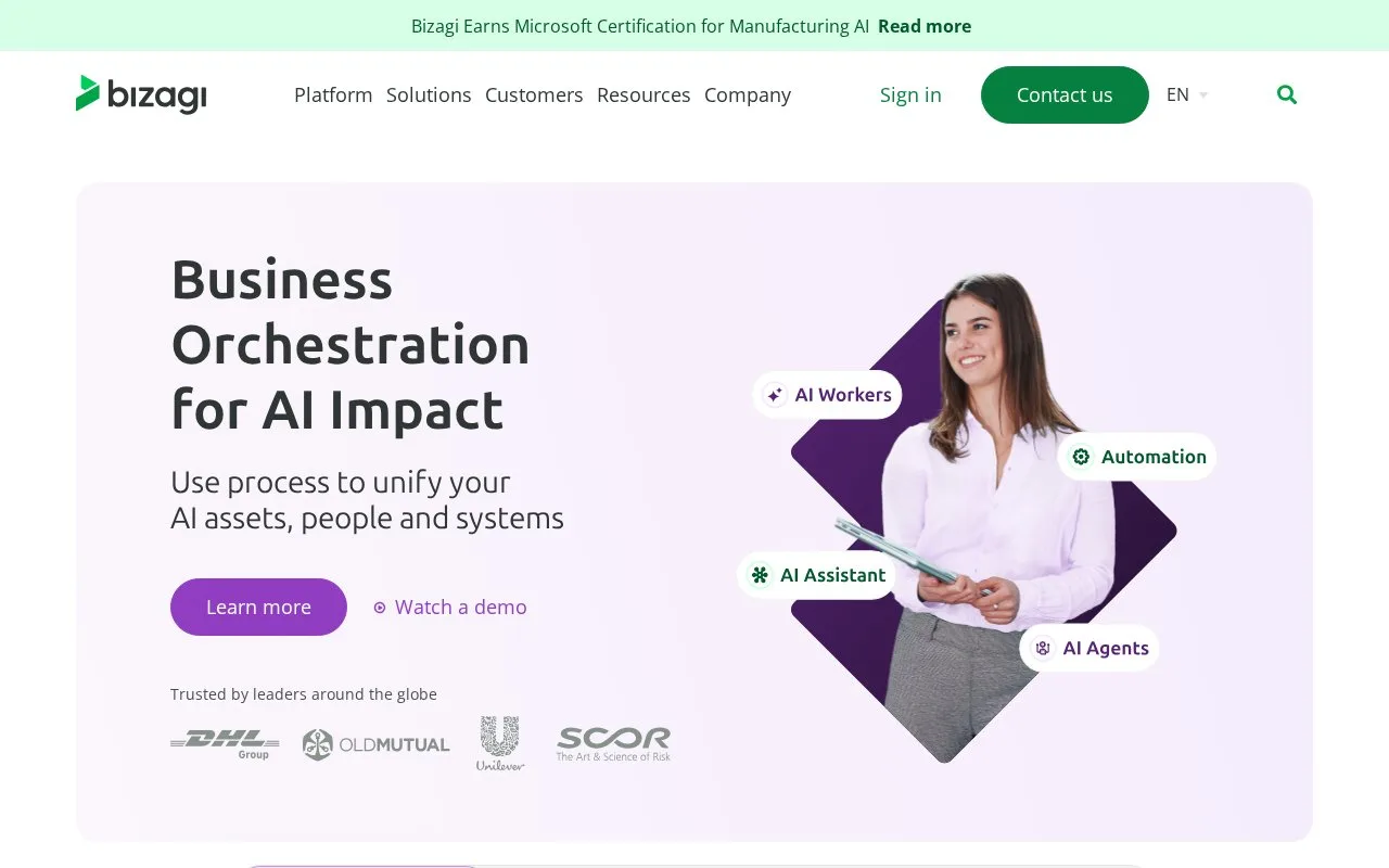 Screenshot of the Bizagi homepage
