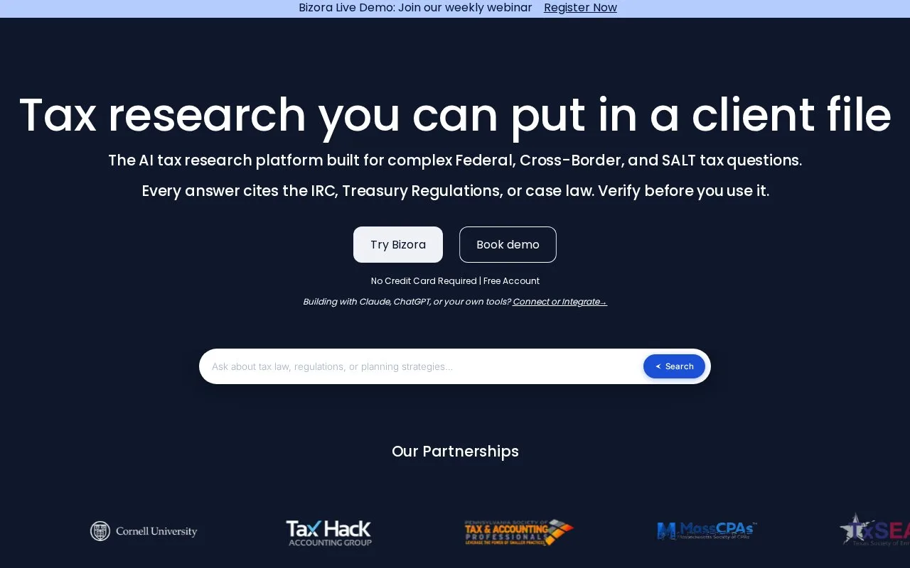 Screenshot of the Bizora AI homepage