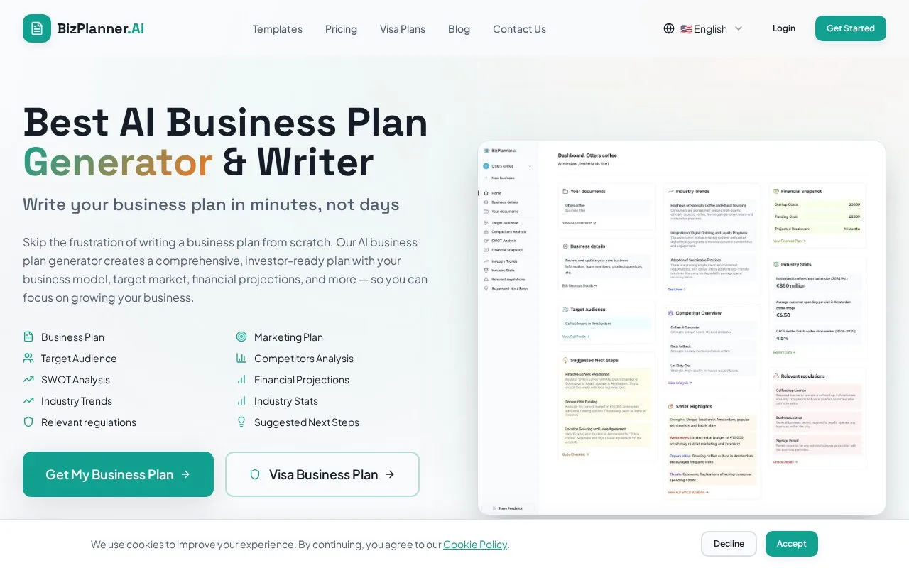 Screenshot of the BizPlanner AI homepage
