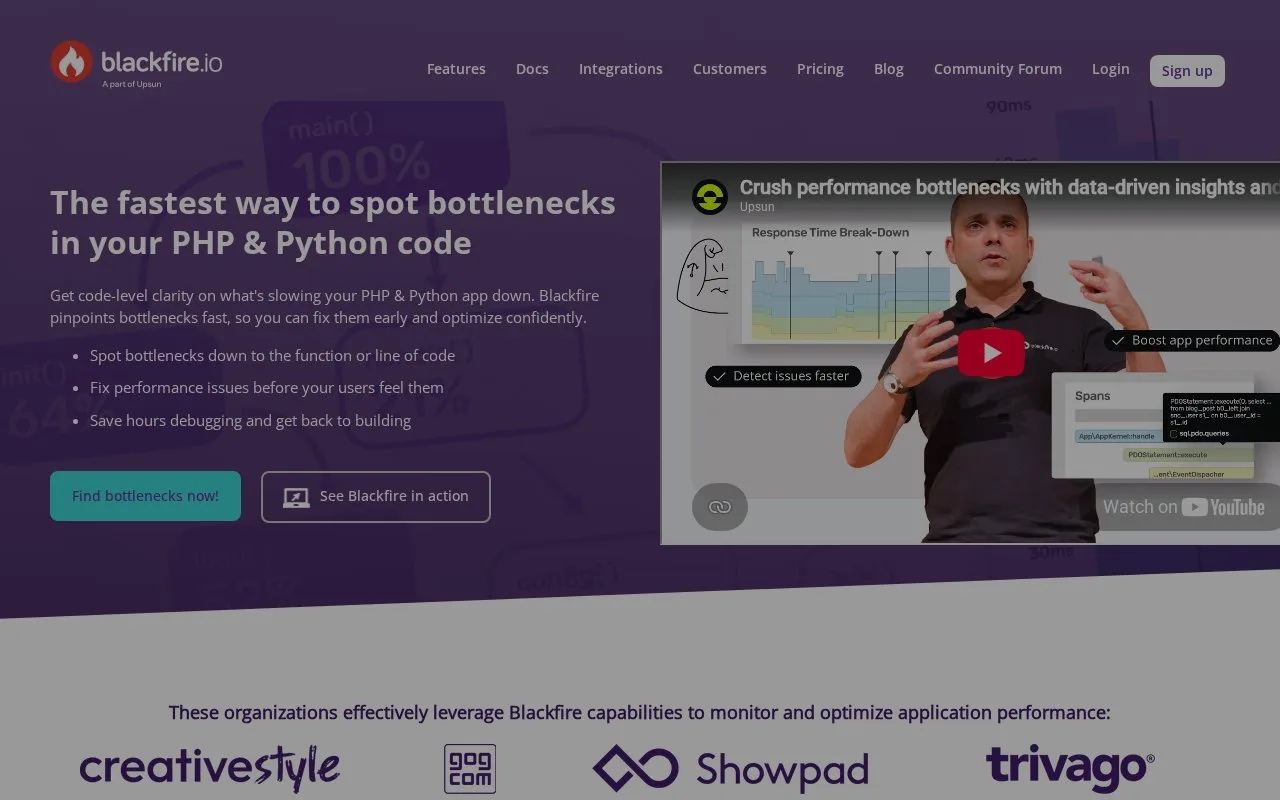 Screenshot of the Blackfire homepage